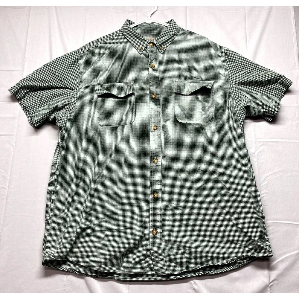 Duluth Trading Shirt Mens XL Green White Check Organic Cotton Button Down